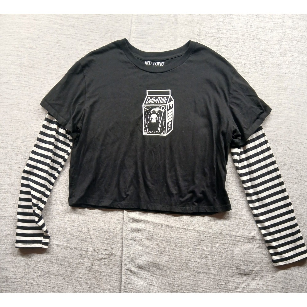 Hot Topic Goth Milk Layered Long Sleeve Crop Top Womens XL Black Striped